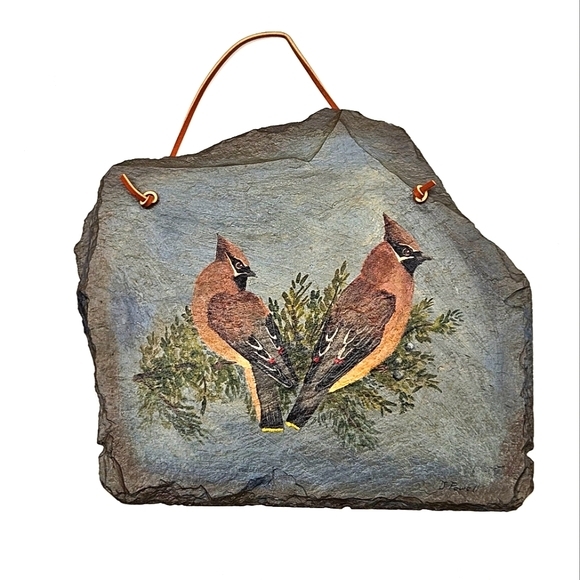 Hand‎ Painted Cardinals Natural Slate Tile Signed Wall Hanging - Picture 1 of 7
